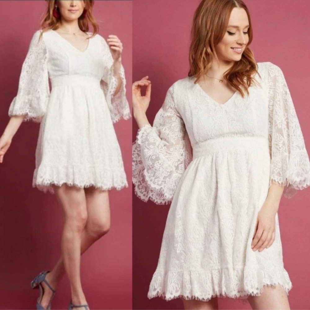 ModCloth Boho Bridal Ivory Floral Lace Mini Dress Bell Sleeves V-Neck Cream Sz S